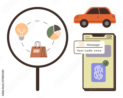 Smartphone displaying fingerprint authentication with message notification. Magnifying glass highlights shopping, data, and ideas. Orange car adds varied context. Ideal for cybersecurity, fintech