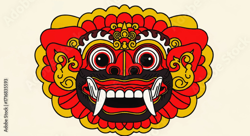 Bold Barong mask with striking detail, perfect for cultural designs and vibrant artistic creations