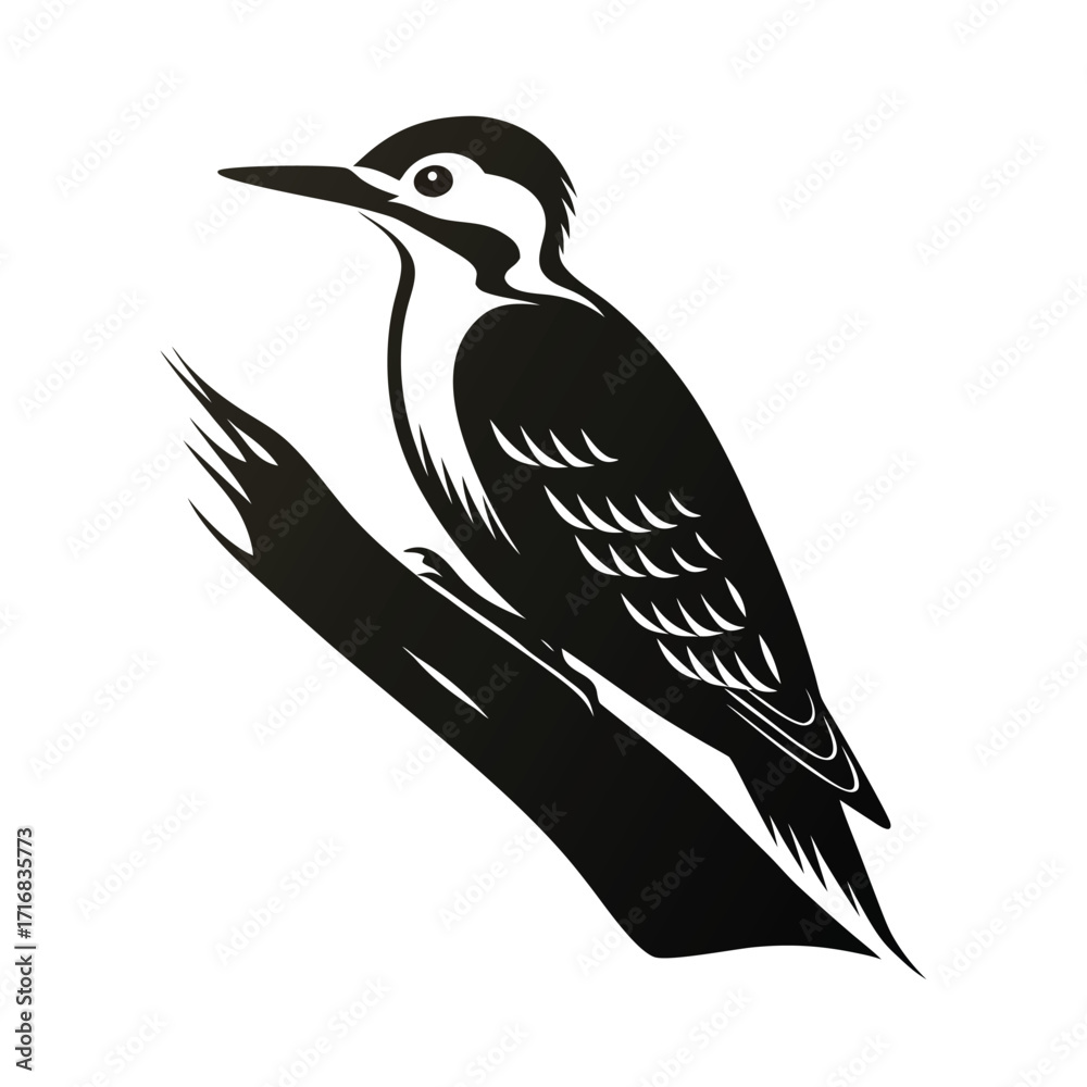 Naklejka premium Woodpecker on a log striking silhouette vector art