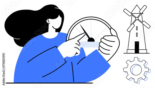 Female character pointing at a gauge, windmill, and gear representing sustainability, renewable energy, technology, or progress. Ideal for innovation, eco-efficiency, energy engineering or teamwork
