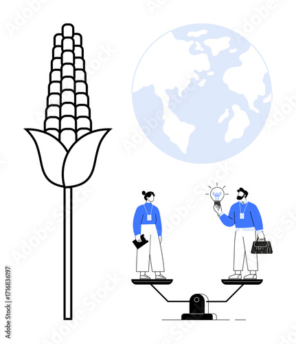 Corn plant beside globe map, professionals on a balance scale, one with a lightbulb. Ideal for agriculture, sustainability, innovation, decision-making, environmental education, global issues simple