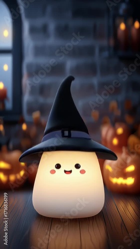 Cute Halloween ghost wearing witch hat with pumpkins background. Video.