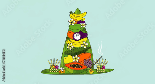Vibrant tropical fruit offering with flowers and incense for Balinese Hindu ceremony celebration