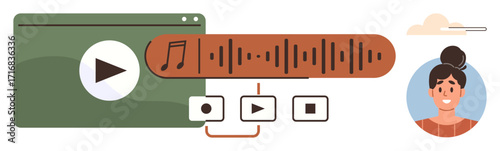 Media player interface featuring play button, sound waveform, media controls, and a user avatar. Ideal for music apps, audio streaming, content creation, digital media, podcasts user interface