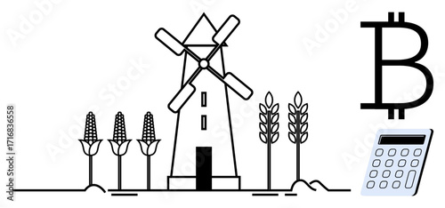 Windmill surrounded by wheat and corn, juxtaposed with Bitcoin symbol and calculator. Ideal for agriculture, renewable energy, cryptocurrency, finance, farming economics, sustainability, simple flat