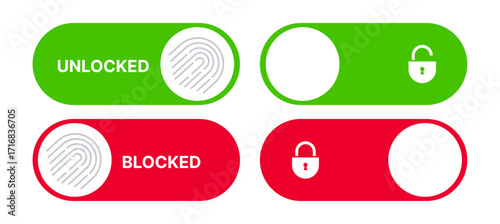 On Off toggle switch buttons. lock icon security symbol - locked, unlock icon button.