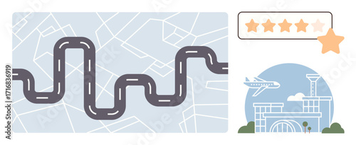 Curved road over map background, airport terminal with airplane, five-star rating. Ideal for travel, navigation, airport services, logistics, tourism customer reviews quality evaluation. Simple