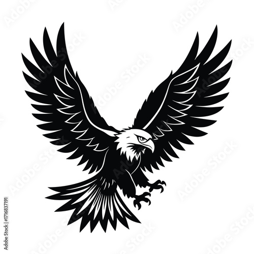Majestic bald eagle in mid flight with wings spread and head turned