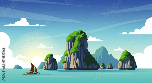Sailboat gliding across turquoise sea near stunning limestone cliffs under vibrant sky, perfect for travel ads