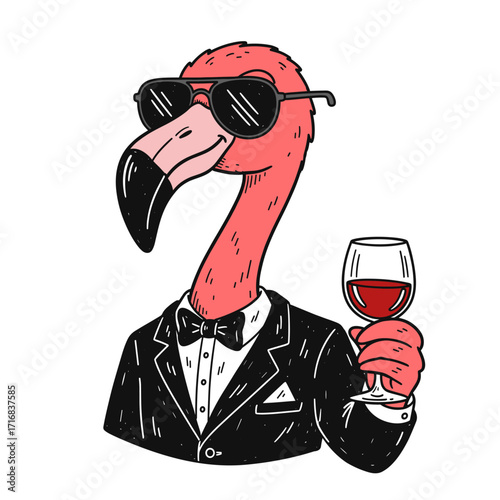 flamingo in a tuxedo and sunglasses holding a glass of red wine illustration