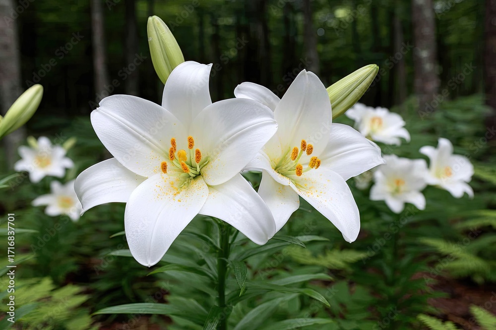 Fototapeta premium Close-up of beautiful white lilies in a garden setting.