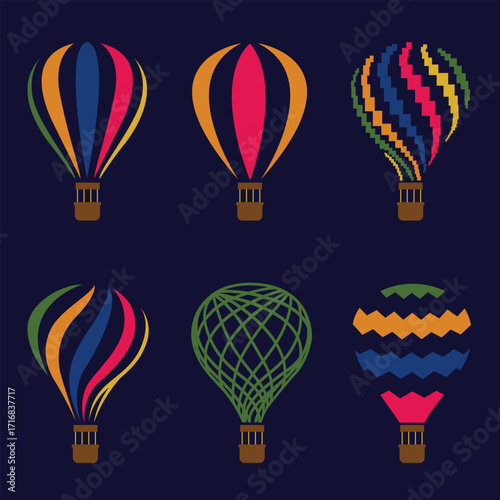 collection of hot air balloons isolated on dark background