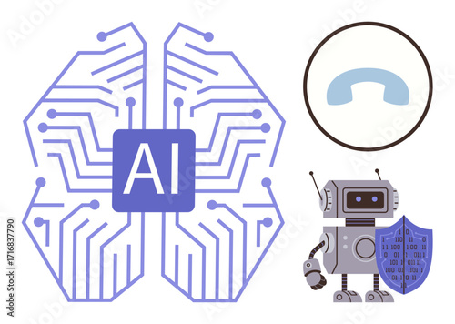 AI circuit in brain shape, robot holding data shield, and communication icon. Ideal for AI, robotics, technology, cybersecurity, innovation future concepts and automation. Simple flat metaphor