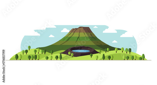 Explore a serene mountain landscape with a tranquil crater lake in a lush green valley setting