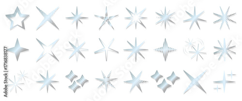 Futuristic y2k silver stars and sparkles icon set, different number of rays. Vector monochrome metal sparks sign collection. Retro aesthetic shining chrome and platinum flash symbols with shadow