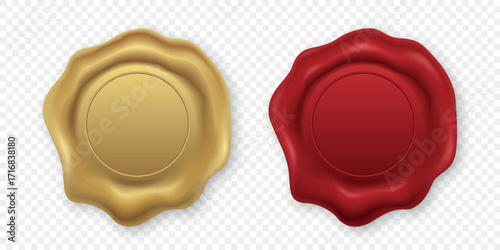 Vector 3d Realistic Wax Seal Set, Isolated. Red, Gold Vintage Wax Stamp. Antique Sealing Wax Emblem. Retro Envelope Closure. Classic Heraldic Insignia. Wax Badge for Invitation, Certificate