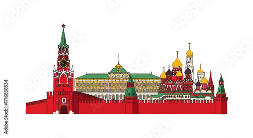 Iconic Moscow Kremlin skyline with vibrant red walls and golden domes, a symbol of Russian heritage