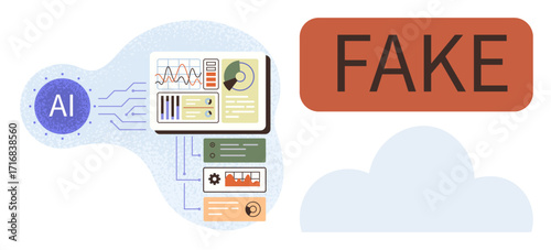 AI analyzing patterns on digital dashboard, processing data for reliability against fake information. Ideal for technology, deep learning, fake news, cybersecurity, AI ethics, decision-making, simple