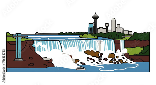 Dynamic Niagara Falls cityscape illustration captures iconic landmark with powerful water flow and modern skyline