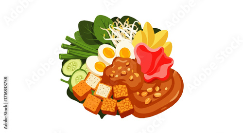 Vibrant Gado-Gado salad bursting with fresh vegetables, tofu, tempeh, and egg, drizzled in peanut sauce