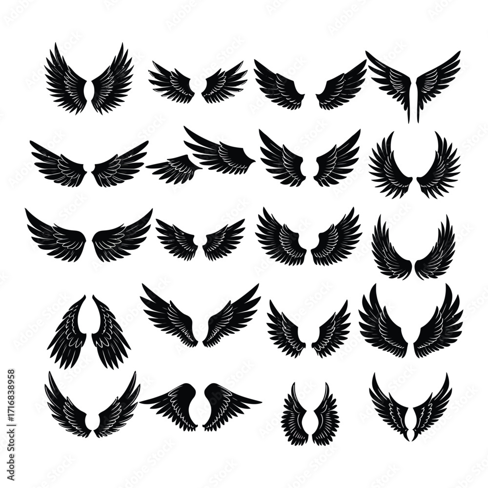 Obraz premium Collection of Black Angel Wings Vector Illustrations on White Background.
