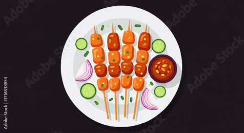 Delicious grilled satay skewers with fresh cucumber onion and peanut sauce a delightful meal