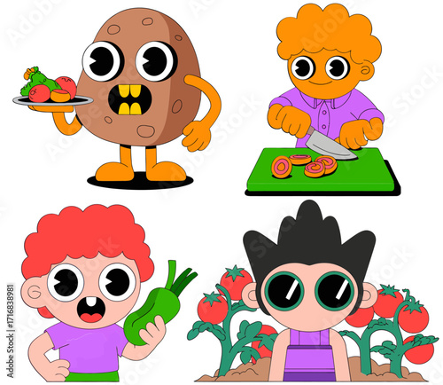 A set of four groovy cartoon characters interacting with fresh vegetables like tomatoes and peppers, illustrating gardening, cooking, and healthy eating.