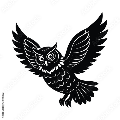 Majestic owl in flight with fanned tail and watchful gaze