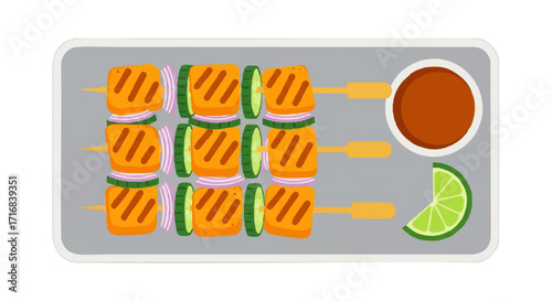 Delicious grilled skewers with dipping sauce and lime slice, perfect for summer parties and culinary themes.