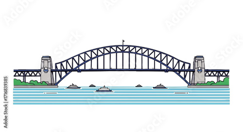 Iconic arched bridge spans vibrant blue water with boats sailing under clear skies