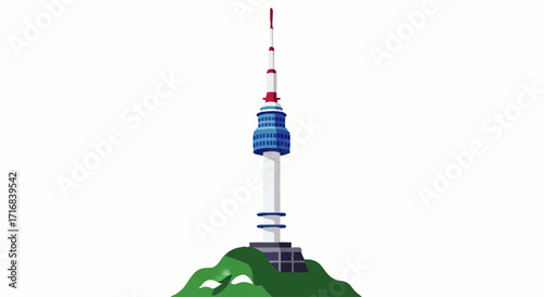 Iconic communication tower stands tall atop a vibrant green hill against a clean white background.