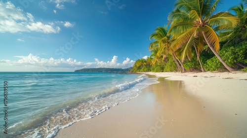 Fototapeta Naklejka Na Ścianę i Meble -  A serene tropical beach scene boasts a pristine white sand beach, turquoise water, and lush palm trees under a vibrant blue sky.