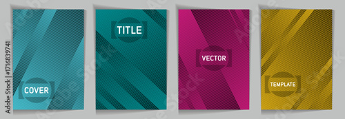 Diagonal lines texture metallic gradient vector cover page templates. Frame for text. Cover page template design set. Lines and stripes background patterns. Trendy material industrial design.