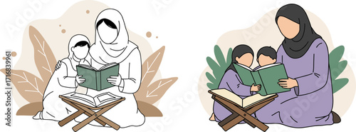Mother and children reading books together in hand-drawn style with transparent background  