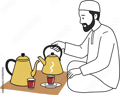 Man in traditional attire pouring tea from kettle into glasses while sitting  