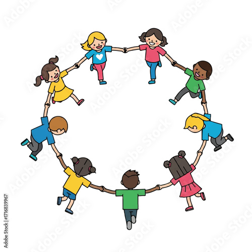 Eight diverse children holding hands in a circular formation against a clean white background with a playful and friendly mood.