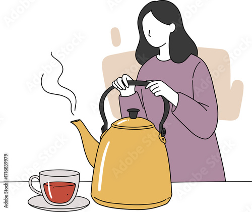 Woman pouring hot tea from yellow kettle into glass cup in hand-drawn style, transparent background  