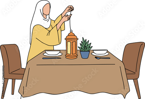 Young Muslim woman setting up lantern on dining table with plants  