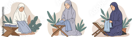 Three Muslim women sewing and crafting in a hand-drawn style, transparent background, illustrating a relaxed and creative atmosphere