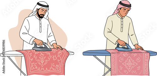 Two men ironing decorative red fabric at home in traditional attire