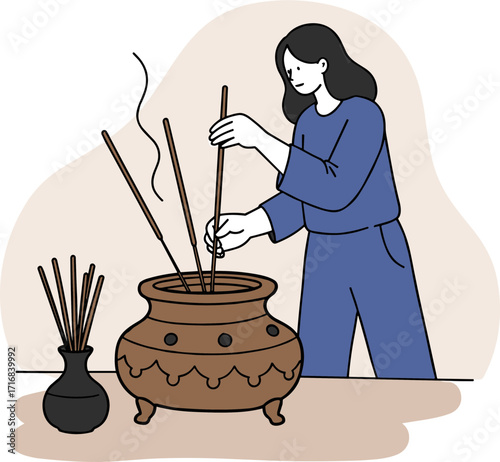 Woman placing incense sticks into a ceramic pot in hand-drawn style, transparent background  