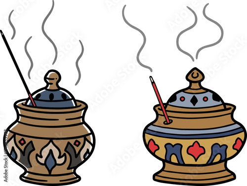 Decorative incense burners emitting smoke in hand-drawn style, transparent background  