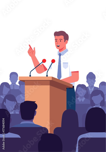 Flat Vector Illustration of Man Speaking at Podium Presentation