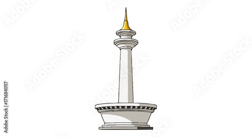 Iconic monument tower with golden spire stands tall against clean white background