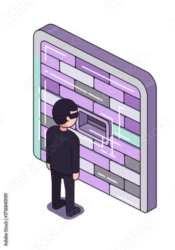 Cybersecurity Hacker Bypassing Digital Firewall Isometric Vector