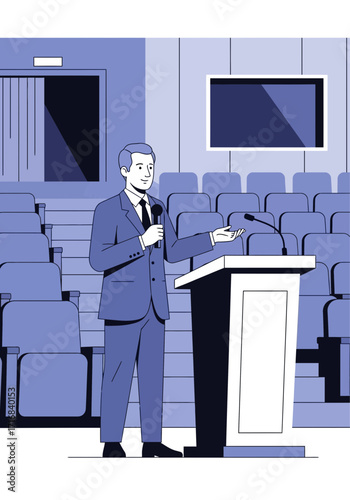 Flat Vector Illustration of Man Public Speaking at Conference