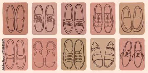 loafers, leather shoes hand drawn sketch illustration - vector collection set