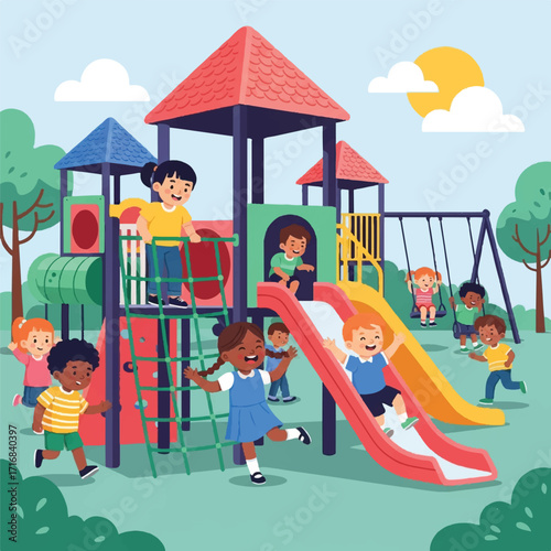 A vibrant illustration of diverse children playing on a colorful playground with slides, swings, and climbing structures on a sunny day.