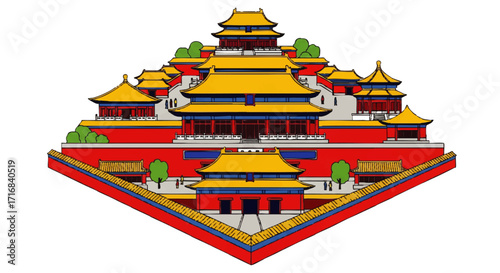 Iconic Forbidden City architecture in vibrant, stylized illustration, evoking travel and history