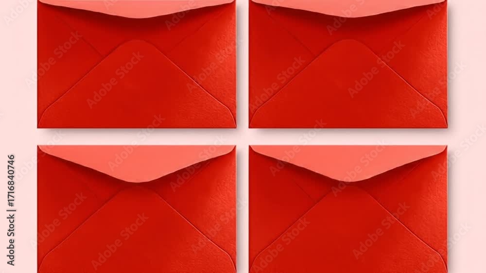 Four vibrant red envelopes arranged in a symmetrical pattern against a light background.